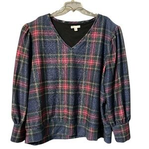 Cato Elegant Red Blue Green Gold Plaid Top Holiday Festive